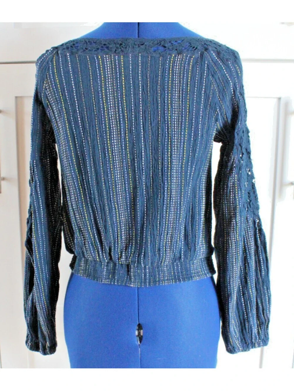 Free People Floating Memories Blouse Navy Lace Balloon Sleeve Boho Top XS